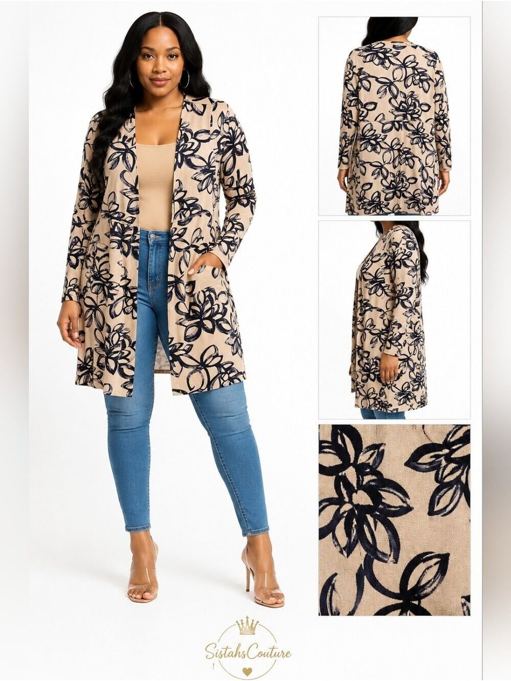 Solitaire Vegan Suede Floral Open Front Jacket | Beige & Black Layering Coat